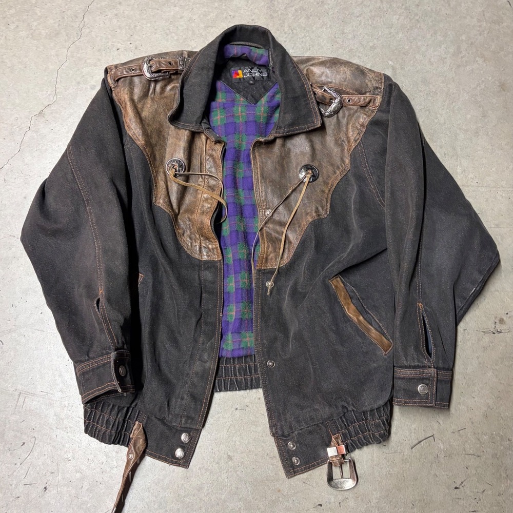 Andy Johns Vintage Western Bomber Jacket Black Denim Brown Leather Trim Small